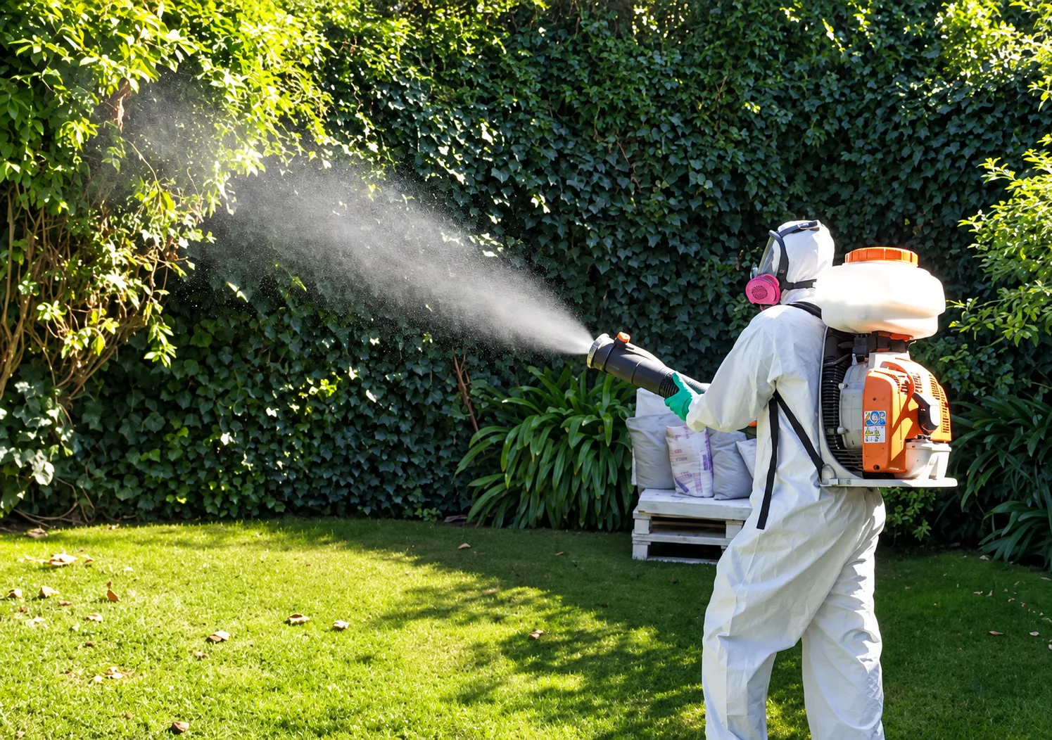 Técnico fumigando un jardín en un servicio de control de plagas